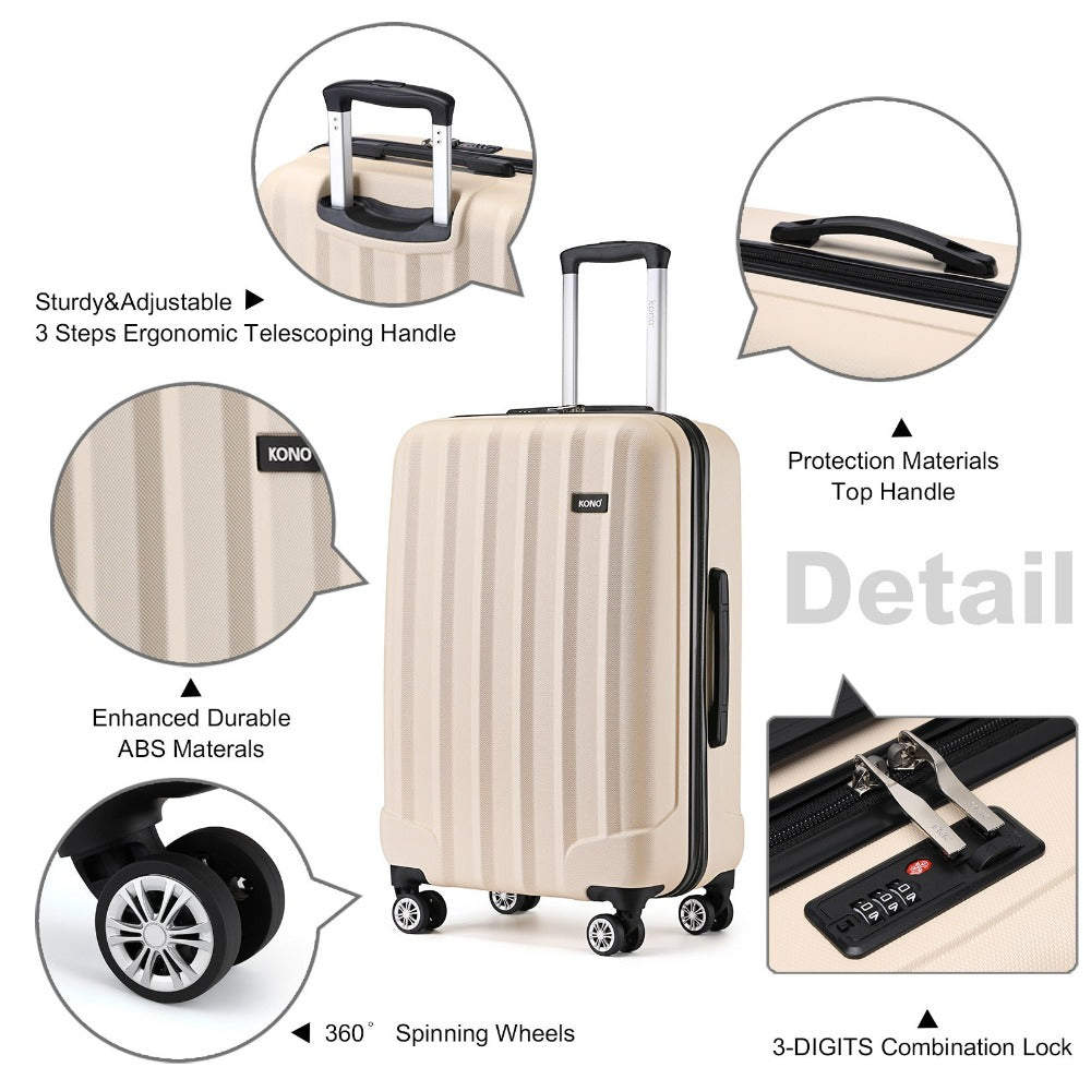 3 piezas de conjunto de maleta de cabina Beige ABS carcasa dura Carry On Trolley Case equipaje de mano ligero con 4 ruedas y cerradura de combinación