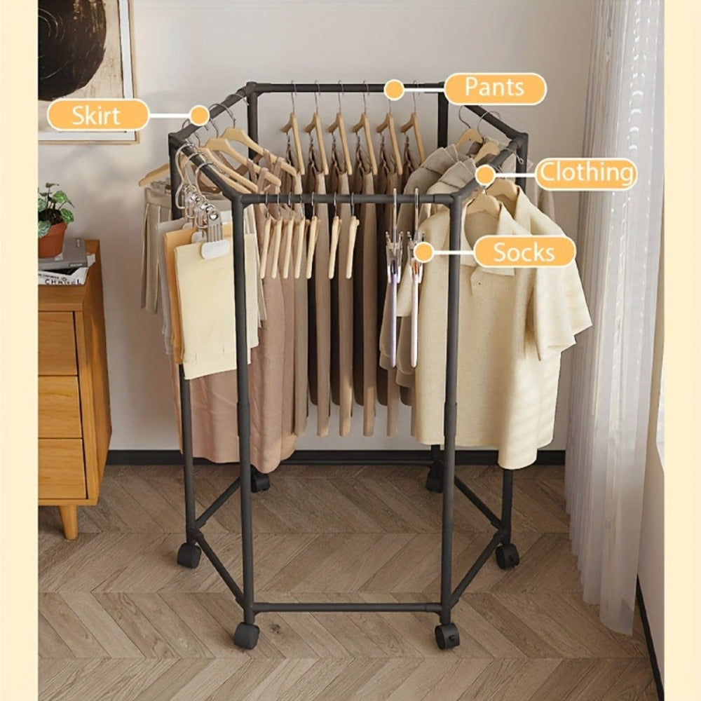 Perchero hexagonal giratorio con ruedas - Colgador de pie giratorio 360°, estructura de metal resistente, diseño portátil que ahorra espacio para lavadero, exhibición de boutique y almacenamiento en el hogar, perchero para ropa, construcción duradera con