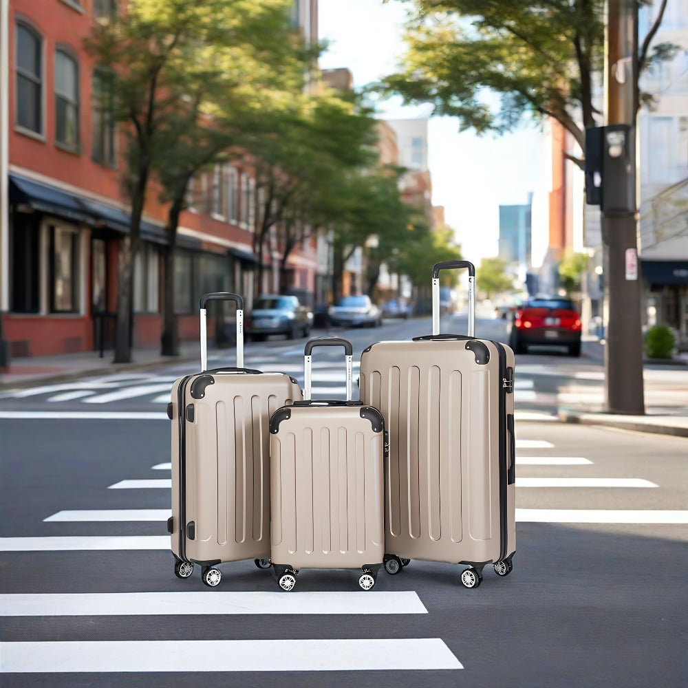 Un conjunto de tres maletas, incluyendo una maleta de mano de 20 pulgadas para viajes, con cerradura de contraseña y ruedas giratorias de 360 grados, que consta de tamaños mediano, grande y extra-grande