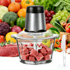 Picadora de carne eléctrica de 1600 vatios con cortador de alimentos multifunción, incluye un contenedor de vidrio de 2 litros y 4 cuchillas de acero inoxidable, 2 velocidades para carne, frutas, verduras, nueces, zanahorias y uso general en la cocina