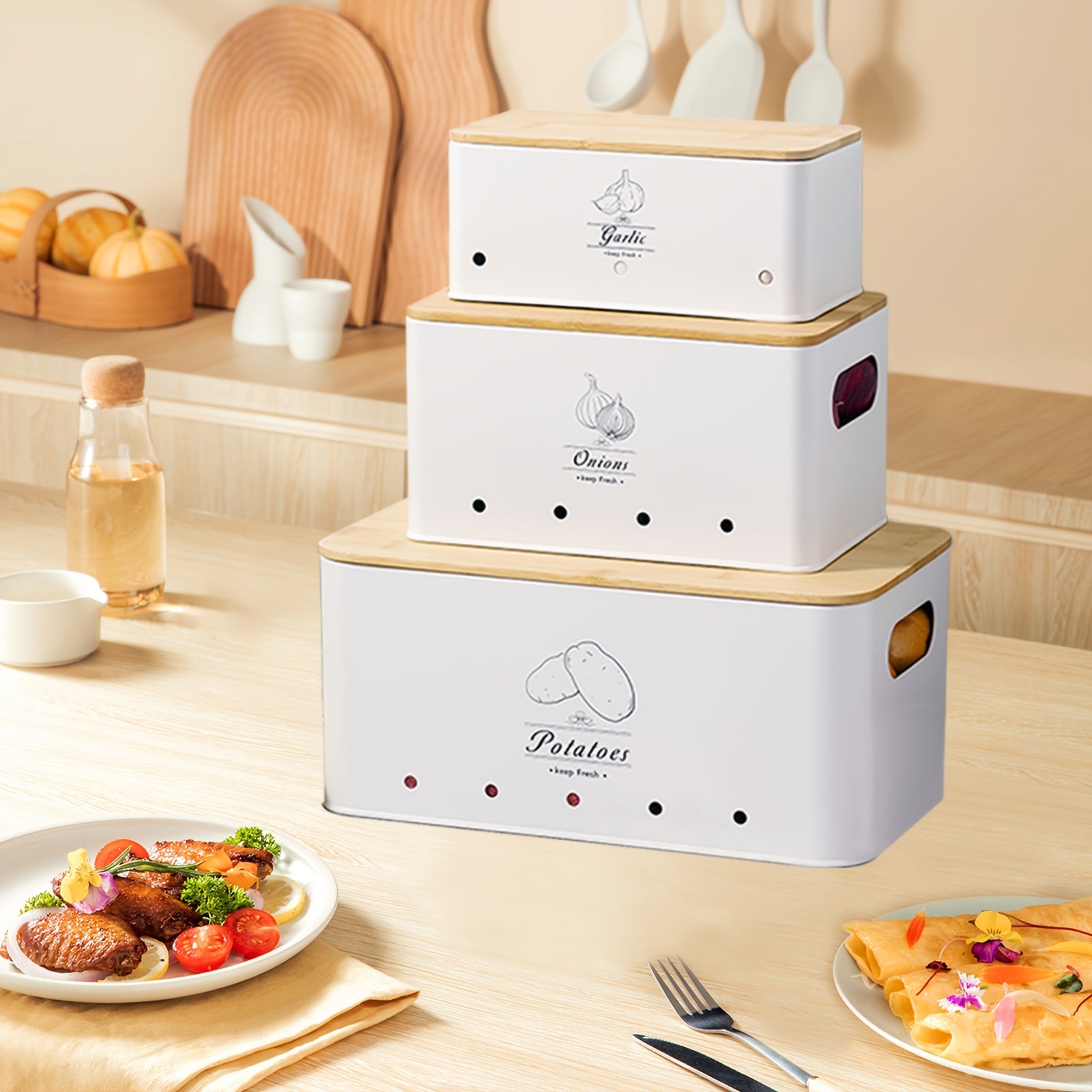 Juego de 3 Contenedores para Almacenar Patatas, Cebollas y Ajo | Conservador de Frescura de Alimentos a Prueba de Humedad y Brotes | Organizador de Cocina Ventilado de Grado Alimenticio | Cajas para Almacenar Verduras | Esencial para el Despensa del Hogar