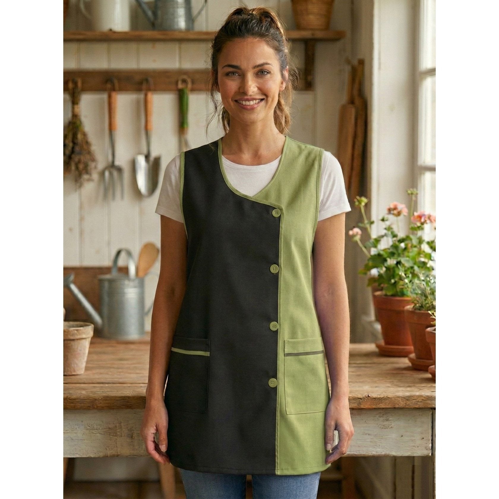 Mandilón de Cocina Liso para Mujer Cómodo y Resistente, Moderno y funcional Detalles: Bolsillos frontales y botones frontales Uso: Cocina, hogar, trabajo y actividades diarias