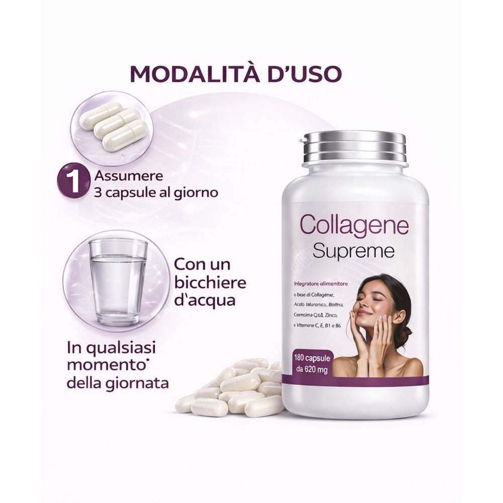 Suplemento de colágeno y ácido hialurónico con coenzima Q10 y biotina - 180 cápsulas - Producto natural - Hecho en Italia - Envío rápido desde almacén local