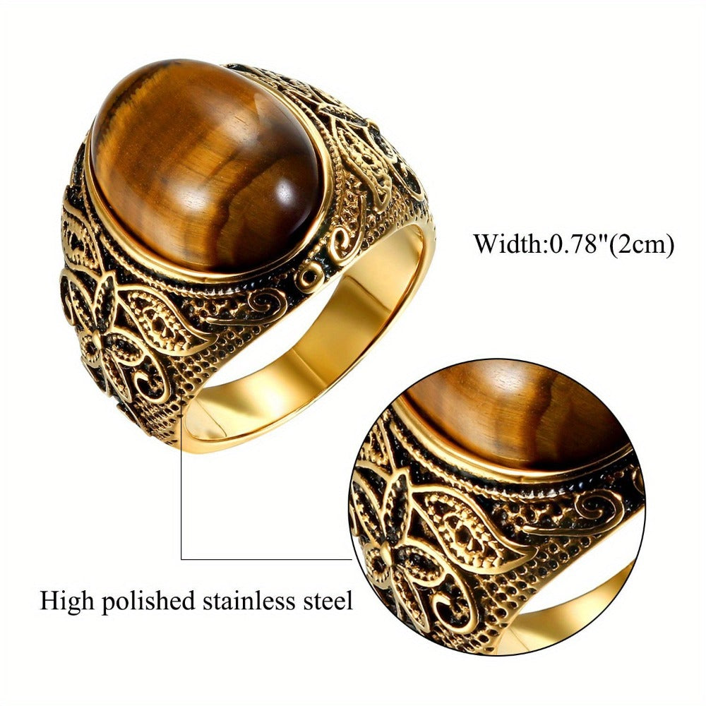 Anillo unisex vintage con diseño de flor tallada, hecho de ojo de tigre y acero inoxidable, con una banda dorada clásica adecuada tanto para hombres como para mujeres