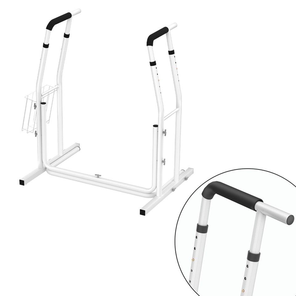 Soporte de baño móvil, ayuda de pie, ajustable en altura, con cesta de almacenamiento, barra de sujeción de baño, blanco