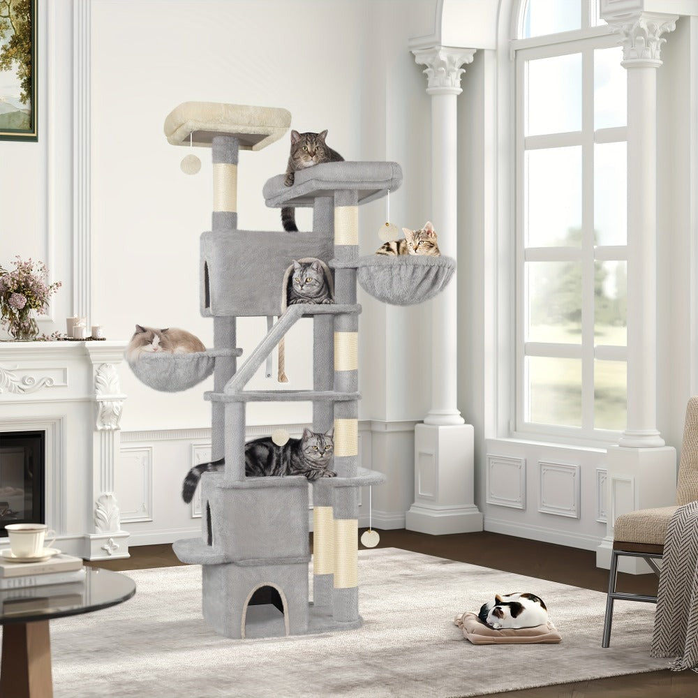 Árbol para Gatos de 185 cm, Torre Grande para Gatos de Interior, Mueble para Gatos con 2 Plataformas, 3 Condominios, 6 Postes para Rascar, 2 Cestas, Pompones y Cojín Lavable