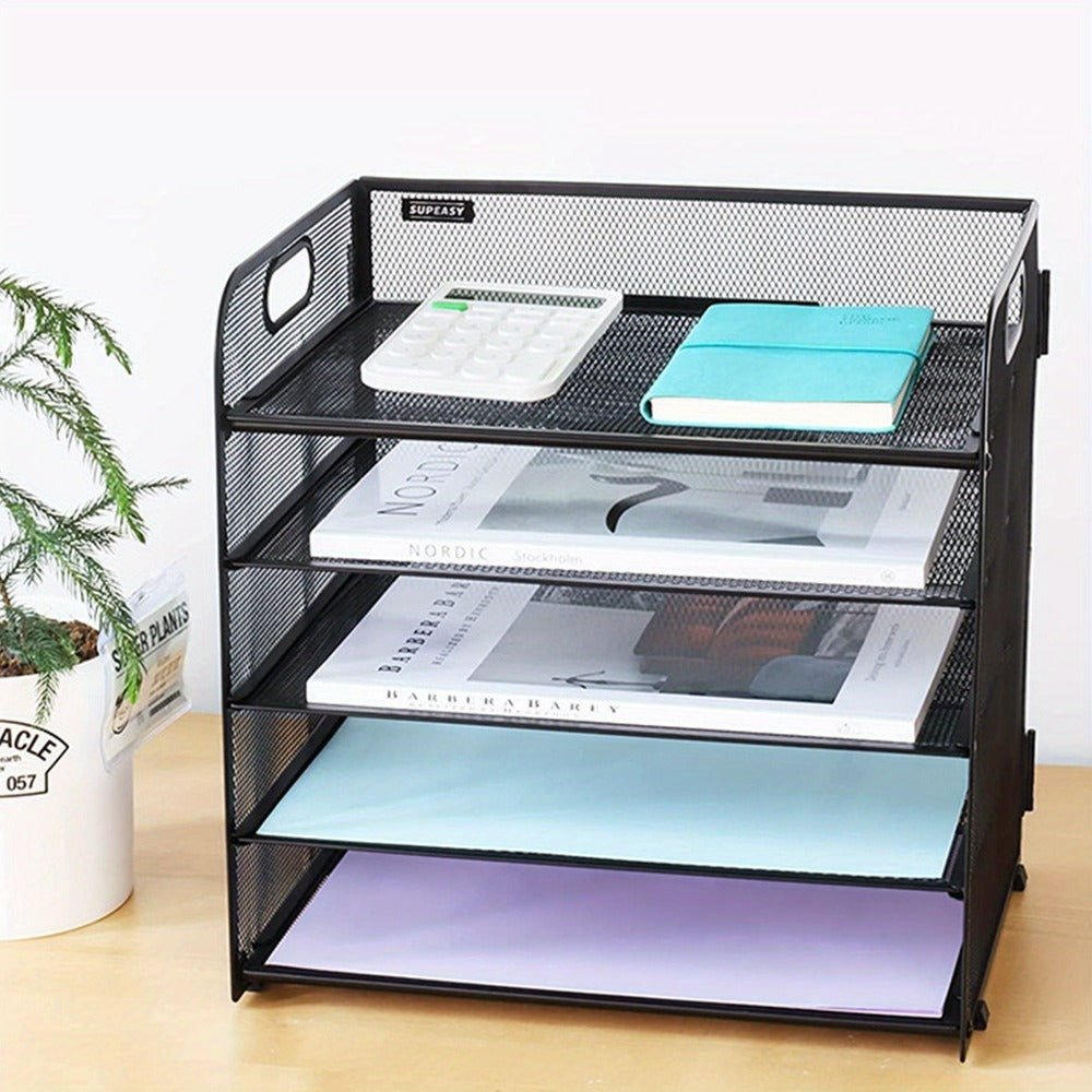 Organizador de escritorio de malla, bandeja de letras de 5 niveles, organizador de archivos apilable de malla, organizador de archivos de escritorio A4 para oficina en casa (Negro)
