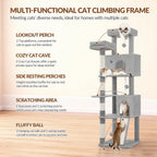 Fobyfurny Árbol para Gatos, Torre de 178cm para Gatos de Interior, Marco de Escalada para Gatos de Múltiples Niveles con Postes Rascadores, Tabla Rascadora, 2 Condominios Cómodos, 2 Perchas, Pompones, Lugar de Descanso