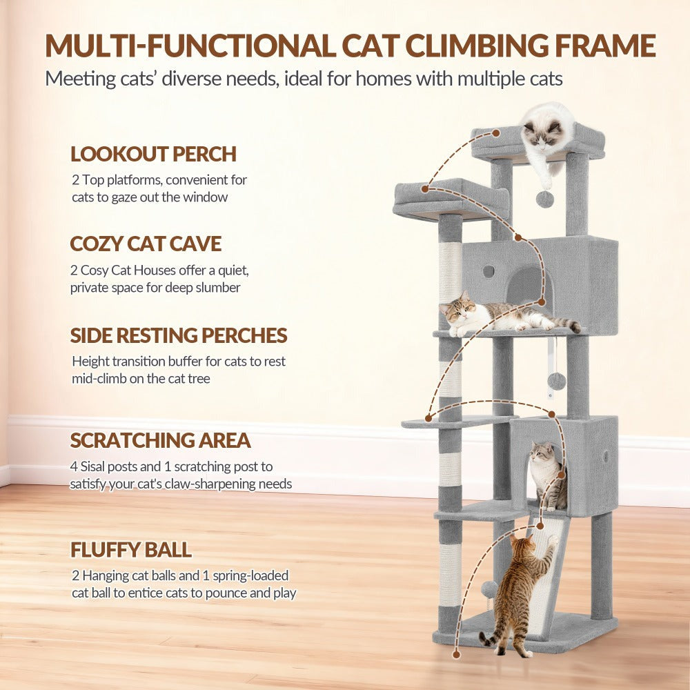 Fobyfurny Árbol para Gatos, Torre de 178cm para Gatos de Interior, Marco de Escalada para Gatos de Múltiples Niveles con Postes Rascadores, Tabla Rascadora, 2 Condominios Cómodos, 2 Perchas, Pompones, Lugar de Descanso