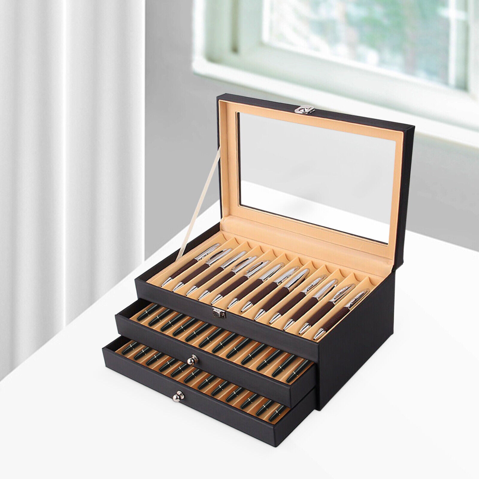 Estuche de Exhibición para Plumas de Gran Capacidad con 36 Ranuras - Caja de Almacenamiento para Coleccionistas de Cuero PU Resistente y Franela con Tapa con Vista al Cielo, Acceso Tipo Cajón Dorado y Diseño Curvo - Organizador de Lujo para 36 Plumas (12"