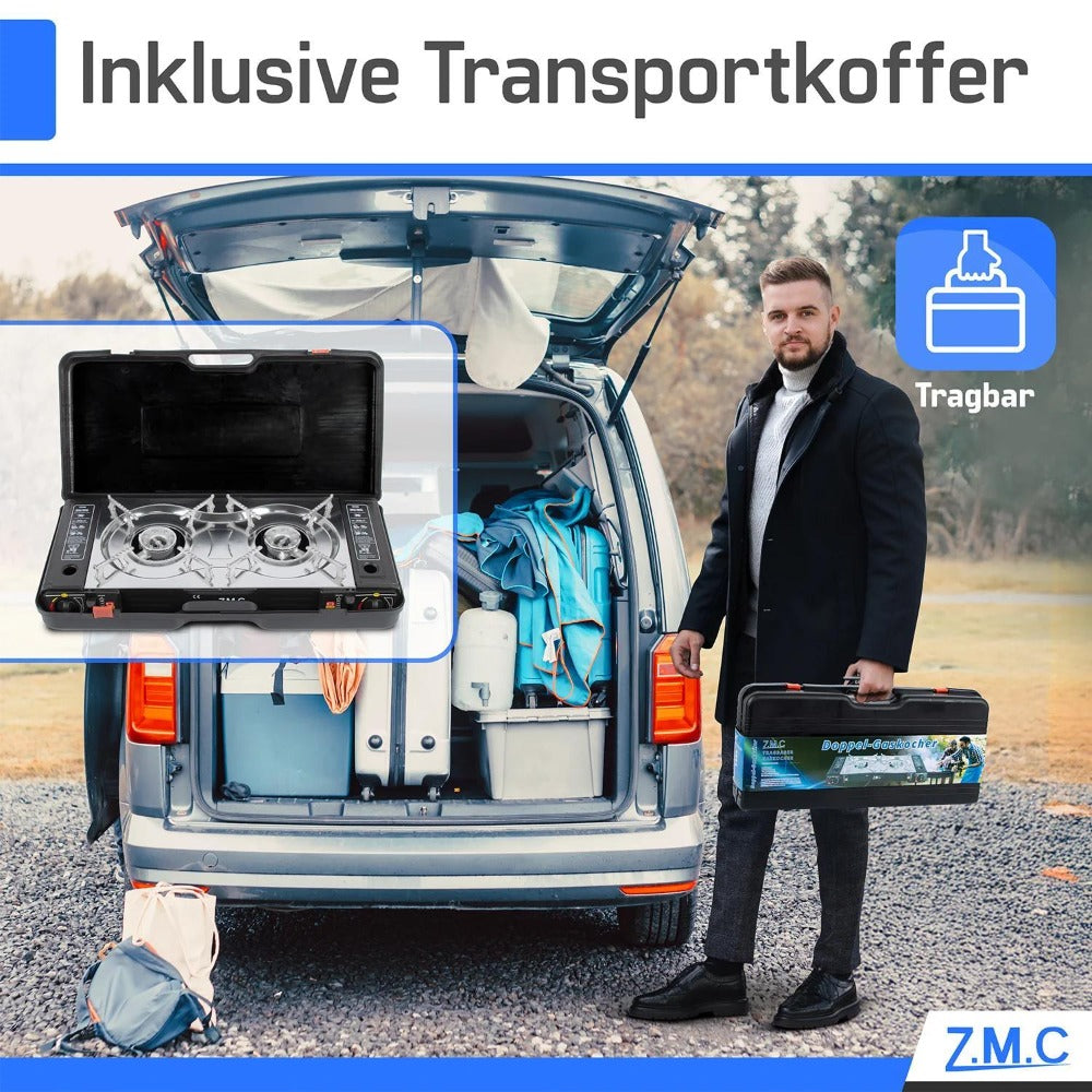 Estufa de Gas para Camping ZMC de 2 Quemadores con Adaptador LPG y Estuche de Almacenamiento – Estufa de Gas Doble con Potencia de 2.5 kW, Encendido Piezoeléctrico, Compatible con Cilindros de Gas Butano de 227g y Botellas de Gas LPG – Estufa de Gas Portá
