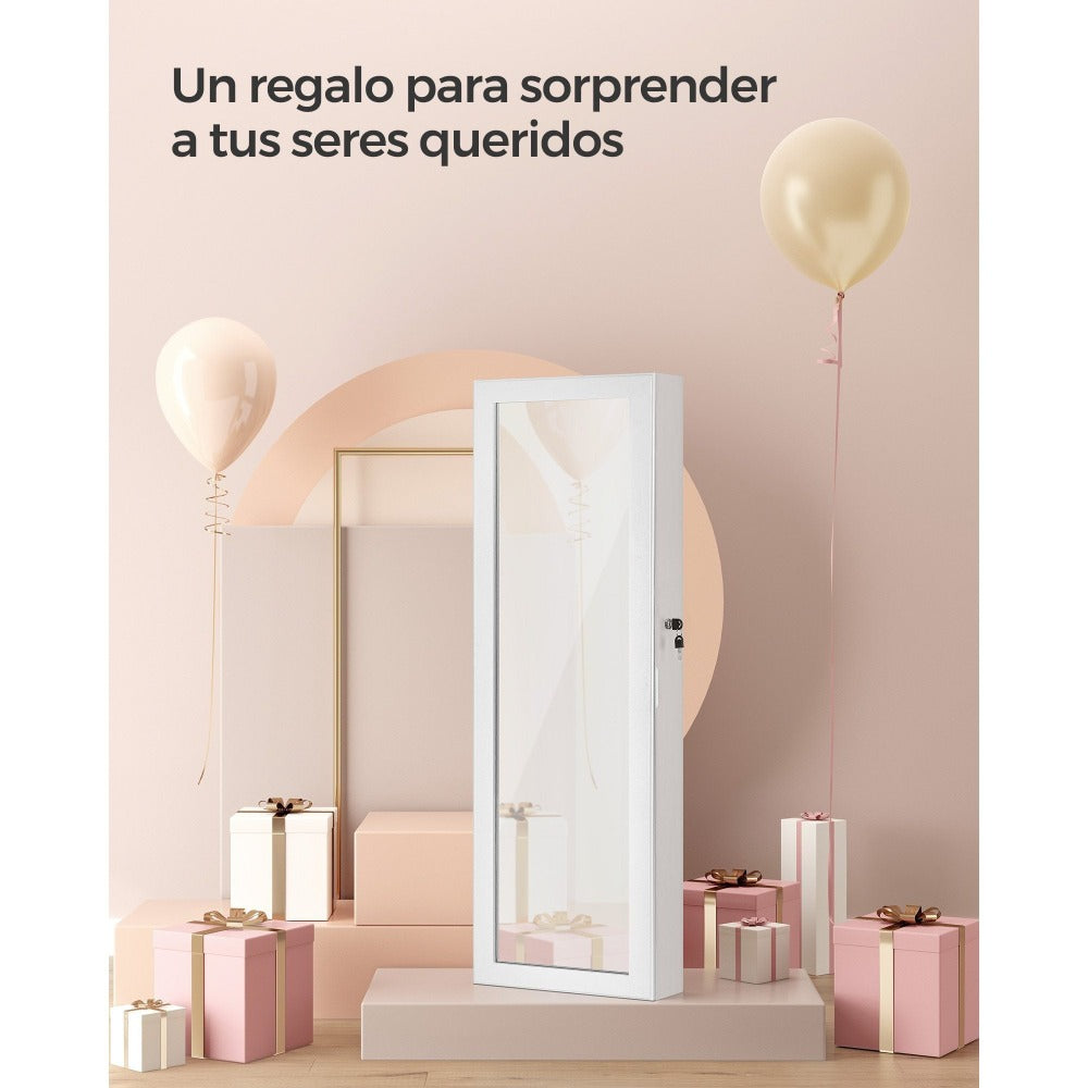 Armario Joyero Con Espejo, Joyero Para Pared O Puerta, Con Cerradura, 2 Cajones, 10 X 37 X 120 Cm, organizador pulseras collares pendientes anillos, diseño moderno accesorios joyas decoración dormitorio elegante, Regalos de Festivos, Regalos de Navidad