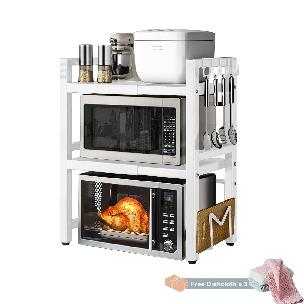 Estante para Microondas Devesanter, Estante de Cocina Extensible de 3 Niveles con 6 Ganchos, 3 Soportes para Toallas y 1 Soporte para Tabla de Cortar. Ideal para Estantes de Cocina, Estantes de Especias y Almacenamiento en Gabinetes de Microondas. . Se Ex