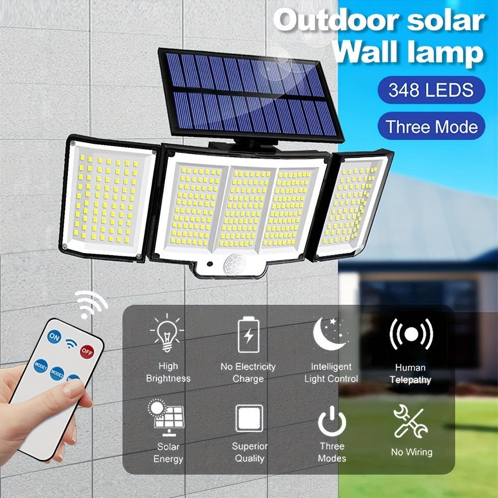 Juego de 2/4 piezas de luz solar para exterior, luz solar con sensor de movimiento de 348 LED y control remoto, luz de pared solar con 3 modos de iluminación, reflector de seguridad de gran angular de 270°, para porche, patio, jardín, garaje, pasillo, ter