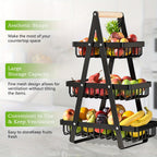 1 Cesta de Almacenamiento de Frutas de Metal de Múltiples Niveles con Asas de Madera - 2 Niveles para Frutas, Verduras y Especias - Soluciones Modernas de Almacenamiento para Cocina, Baño y Hogar, Cesta de Frutas