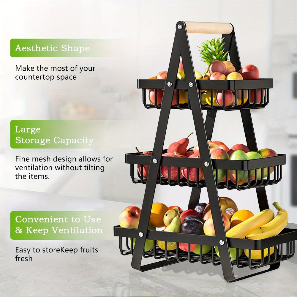 1 Cesta de Almacenamiento de Frutas de Metal de Múltiples Niveles con Asas de Madera - 2 Niveles para Frutas, Verduras y Especias - Soluciones Modernas de Almacenamiento para Cocina, Baño y Hogar, Cesta de Frutas