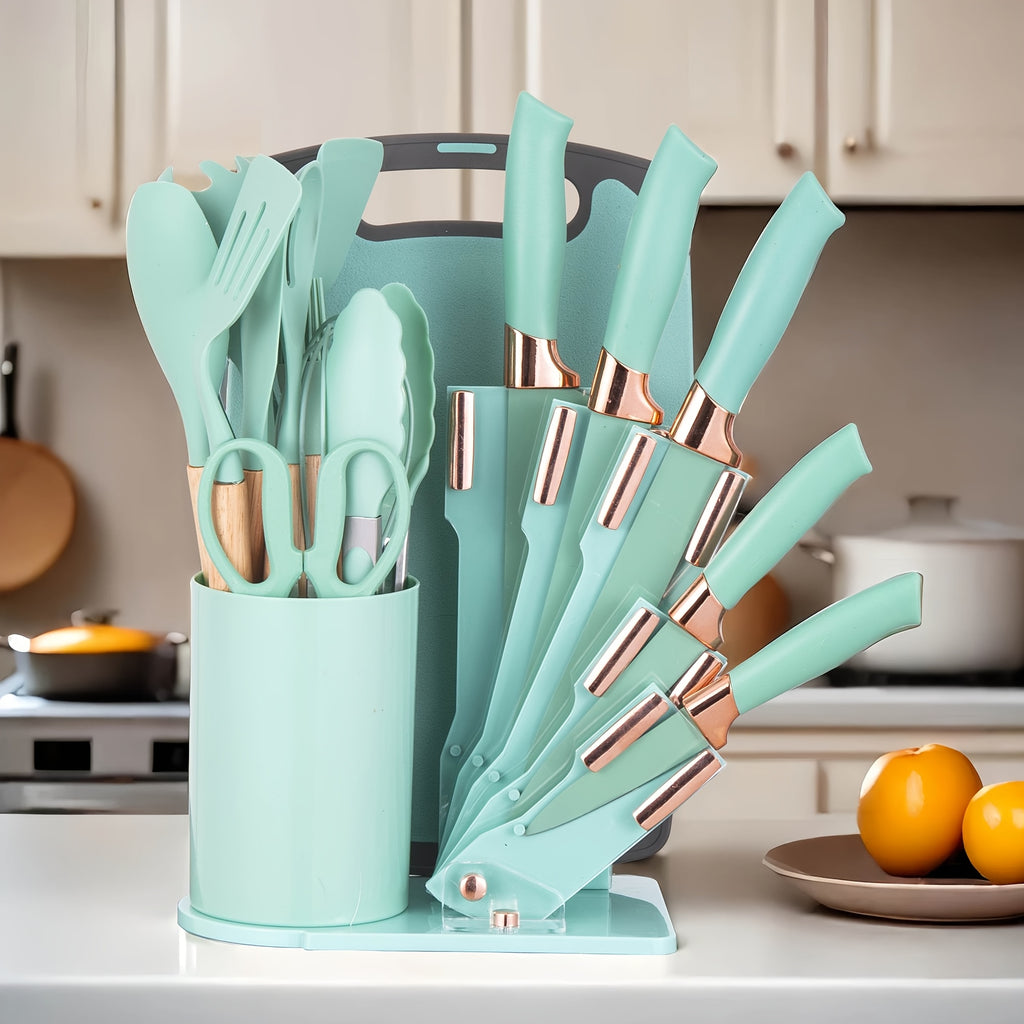 Juego de 19 Piezas de Cuchillos de Cocina con Bloque de Ventilación en Varios Colores. Incluye Cuchillo de Chef, Cuchillo de Carnicería, Cuchillo para Pan, Cuchillo Multiusos, Cuchillo para Frutas y Herramientas de Cocina. Hojas de Acero Inoxidable Premiu