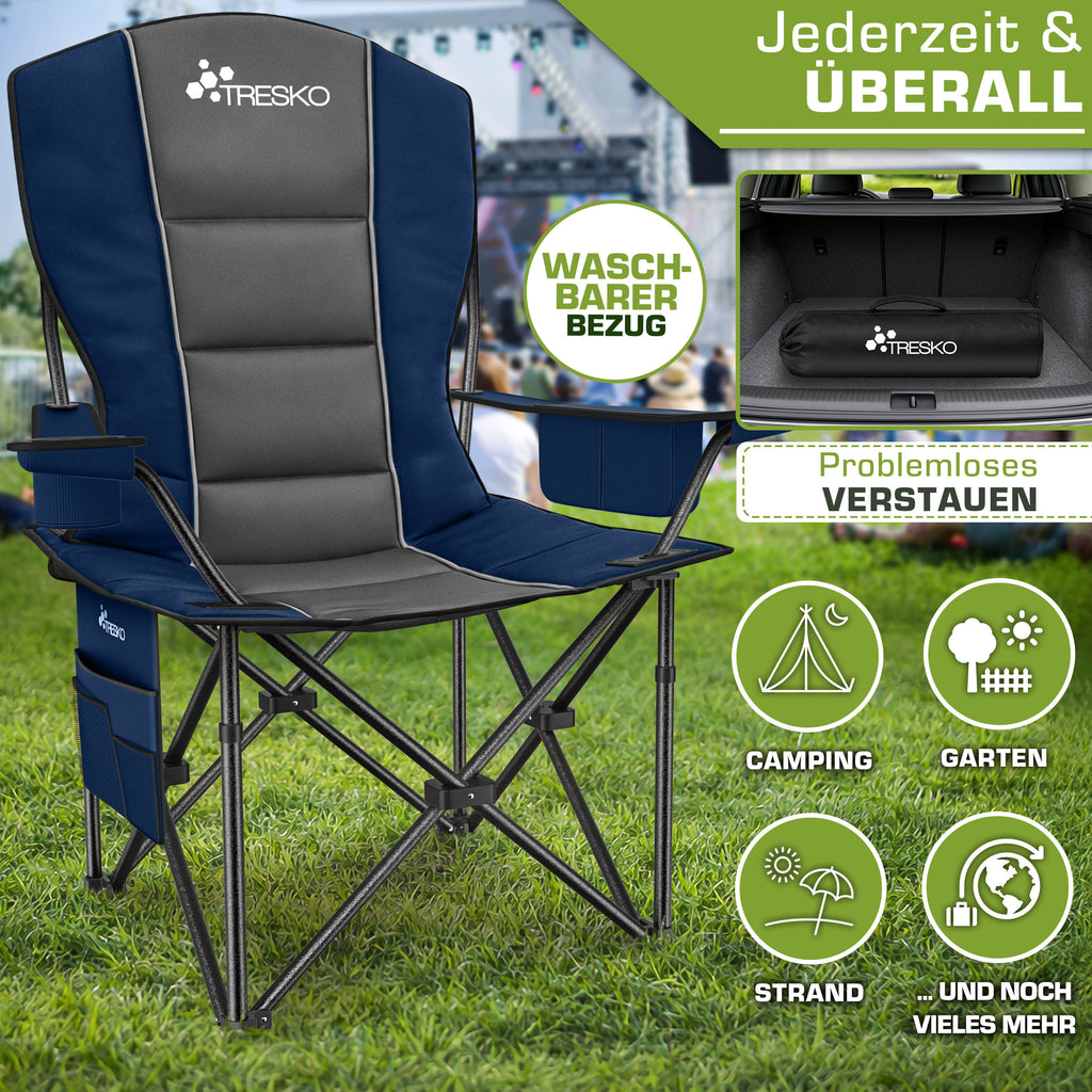 TRESKO® Silla de Camping Plegable hasta 200Kg | Silla Plegable con Bolsa Nevera, Portavasos y Bolsillo Lateral | Silla XXL Plegable Incluye Bolsa de Transporte | Silla de Pesca Acolchada para Exterior, Pesca, Festival y Jardín