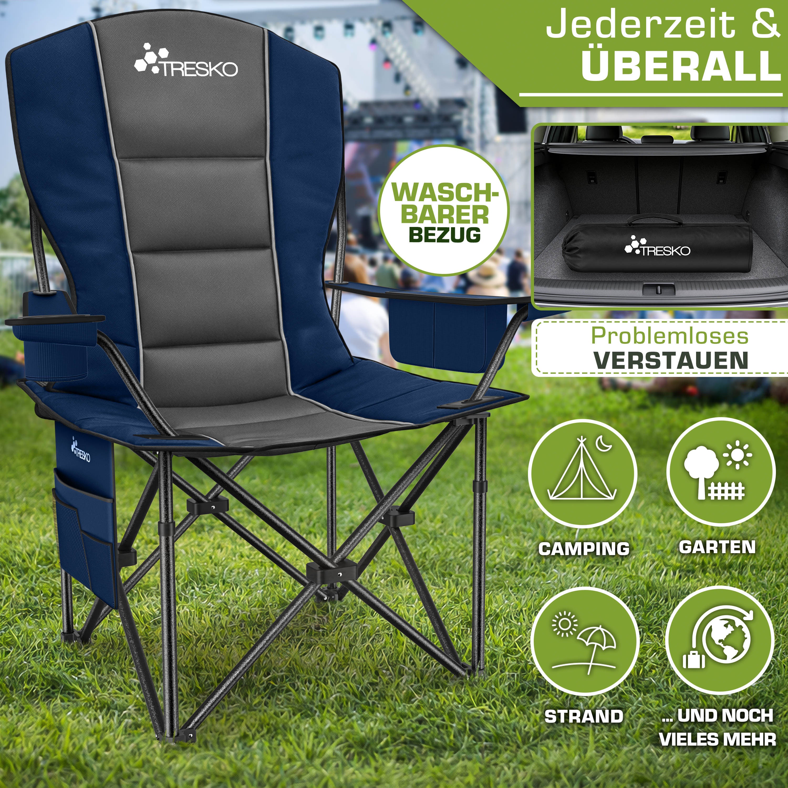 TRESKO® Silla de Camping Plegable hasta 200Kg | Silla Plegable con Bolsa Nevera, Portavasos y Bolsillo Lateral | Silla XXL Plegable Incluye Bolsa de Transporte | Silla de Pesca Acolchada para Exterior, Pesca, Festival y Jardín
