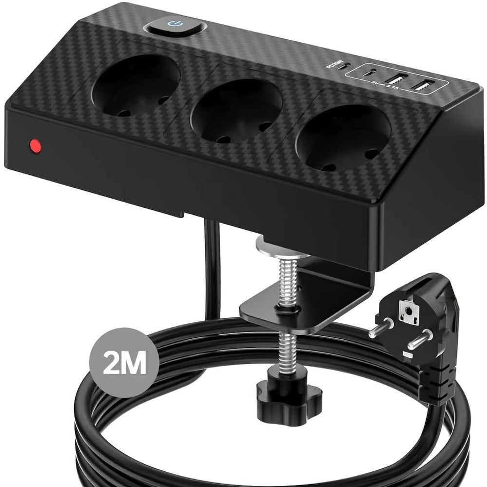 Tira de escritorio multifuncional 7 en 1 con carga rápida USB-C PD20W, toma de mesa con protección contra sobretensiones HAFINO en o blanco con 2 puertos USB-A, 3 tomas de CA y cable de extensión de 2 metros para uso en hogar y oficina, 1 pieza