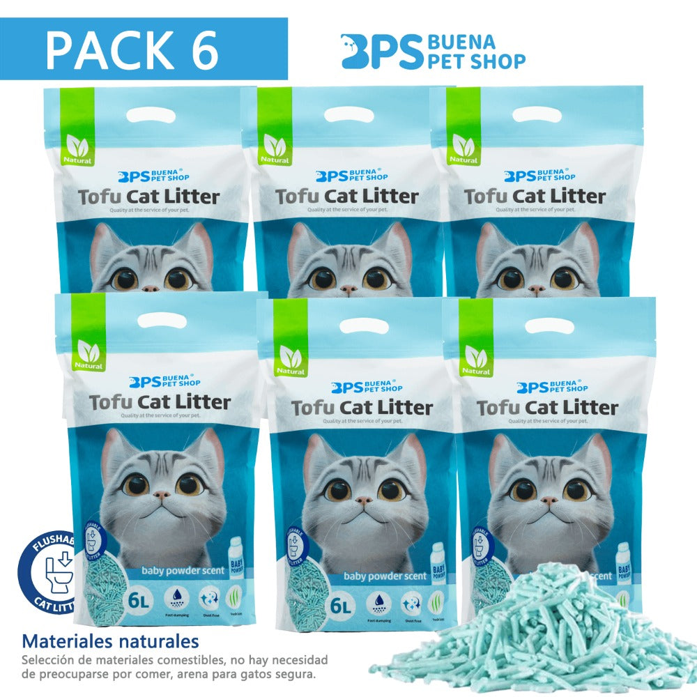 Arena de Tofu para Gatos 6L - Sin Polvo Fácil de Aglomerar y Controla Olores - y Segura para Gatitos - Pack de 6 Bolsas