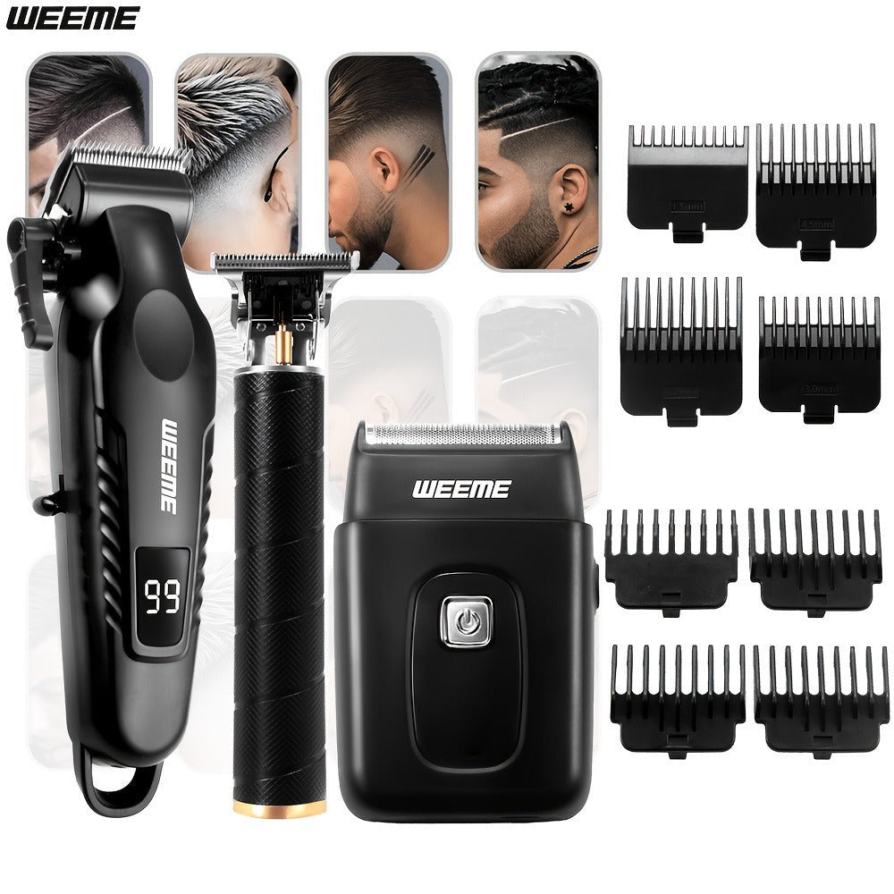 Kit de aseo eléctrico WEEME para hombre, , 3 piezas - Cortapelos + Recortador de barba + Máquina de afeitar eléctrica, carga USB, pantalla LCD de nivel de batería, ideal para peinado/afeitado/esculpir, uso en casa y viajes familiares en coche, regalo del