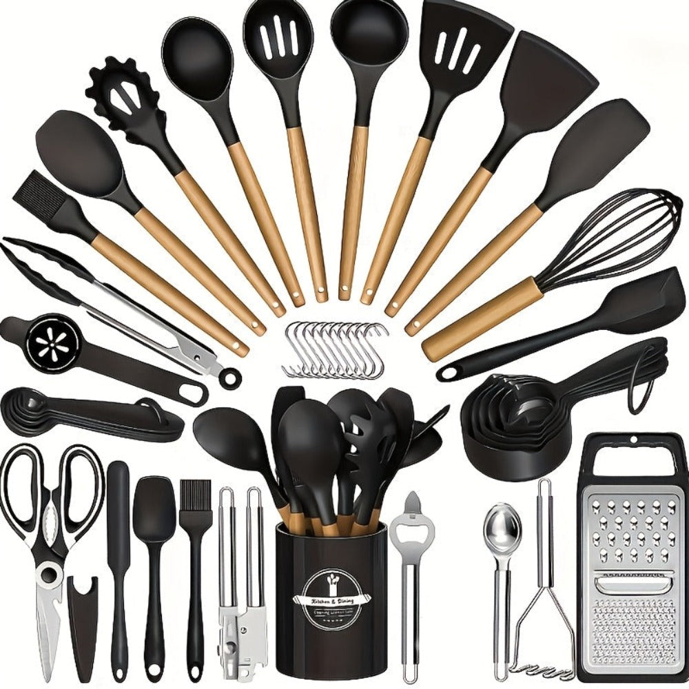 Un juego de utensilios de cocina de silicona, material de calidad alimentaria, mango de madera negro, herramientas de cocción y horneado antiadherentes y resistentes al calor, con estante de almacenamiento, adecuado para utensilios de cocina antiadherente