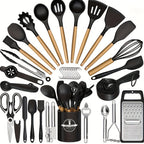 Un juego de utensilios de cocina de silicona, material de calidad alimentaria, mango de madera negro, herramientas de cocción y horneado antiadherentes y resistentes al calor, con estante de almacenamiento, adecuado para utensilios de cocina antiadherente