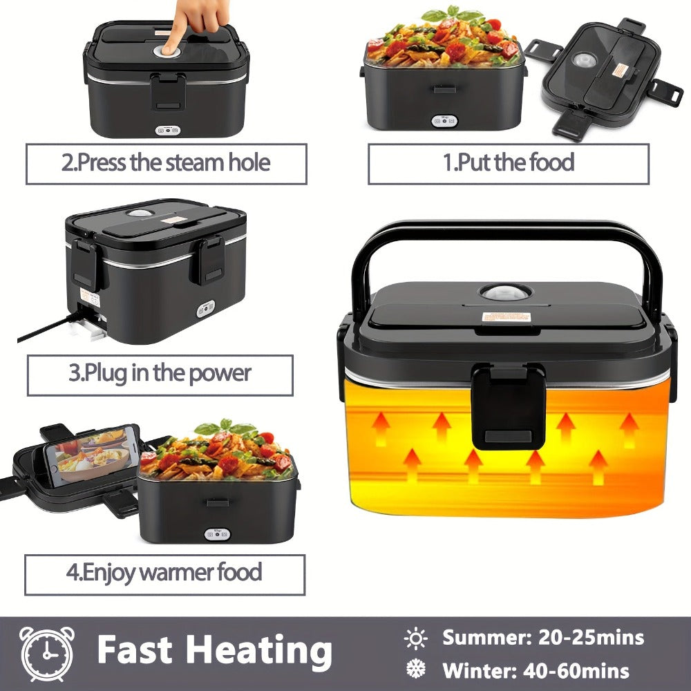 Esta lonchera cuenta con una potencia de 80W y una capacidad de 1.8 litros, lo que la hace ideal para comidas de adultos. Es una lonchera térmica portátil y diseñada para calentar alimentos en cualquier lugar. Incluye una bolsa térmica y un juego de cubie