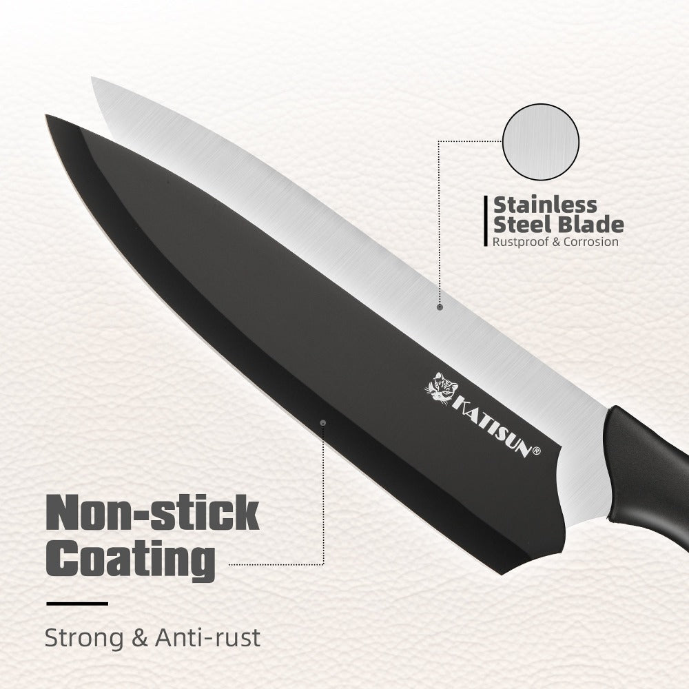 Juego de cuchillos de cocina de acero inoxidable con revestimiento antiadherente, juego de 15 cuchillos de cocina profesionales con bloque de madera negra, mango de ABS antideslizante para cuchillos de chef, tabla de cortar de plástico y tijeras de cocina