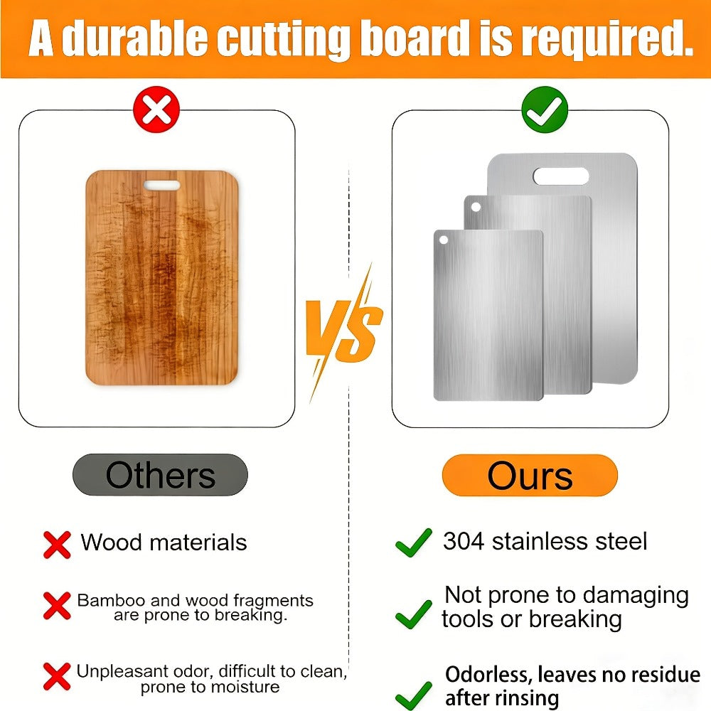 Juego de 3 tablas de cortar de acero inoxidable, diseño portátil, duraderas, fáciles de limpiar, pueden estar en contacto directo con alimentos, aptas para cortar frutas, verduras, carne y pan, varios tamaños para satisfacer necesidades diarias.