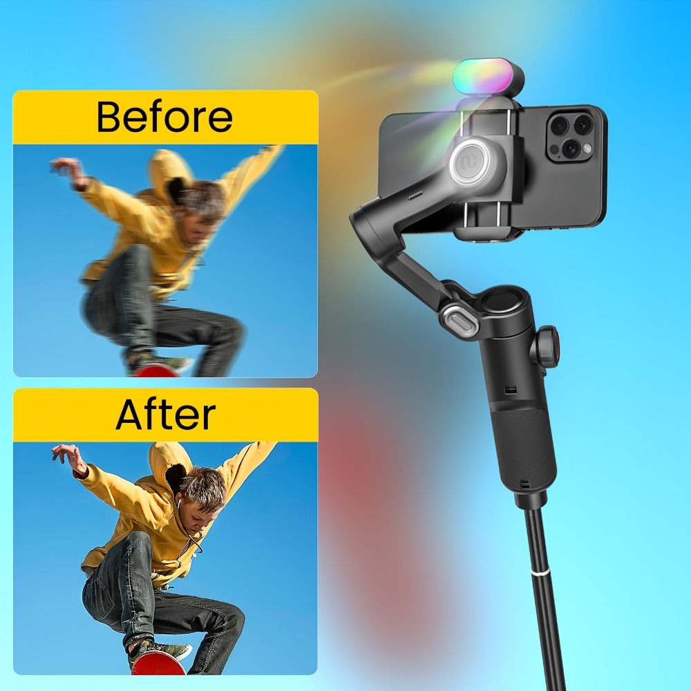 Estabilizador cardán AOCHUAN en forma de 7 de 3 ejes para smartphone, aplicación AOCHUAN, antivibración, enfoque/zoom de precisión, seguimiento de rostro/objeto, varilla plegable extensible de 73 cm, luz RGB, múltiples modos de fotografía, adecuado para v