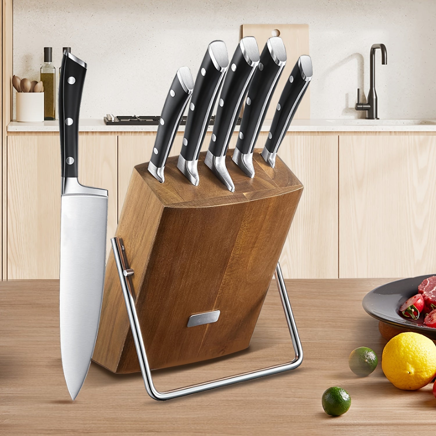 Juego de Cuchillos 6 Piezas, Juego de Cuchillos de Cocina con Bloque de Madera de Acacia Estiloso, Acero Inoxidable Alemán de Alto Carbono, Juego de Cuchillos Afilados