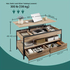 Mesa de Café con Tapa Elevable, Mesa de Sala, con Cajones de Almacenamiento, Compartimentos Ocultos y Estante Abierto