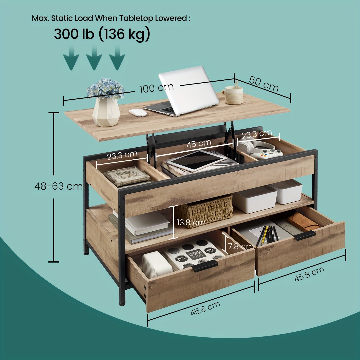 Mesa de Café con Tapa Elevable, Mesa de Sala, con Cajones de Almacenamiento, Compartimentos Ocultos y Estante Abierto