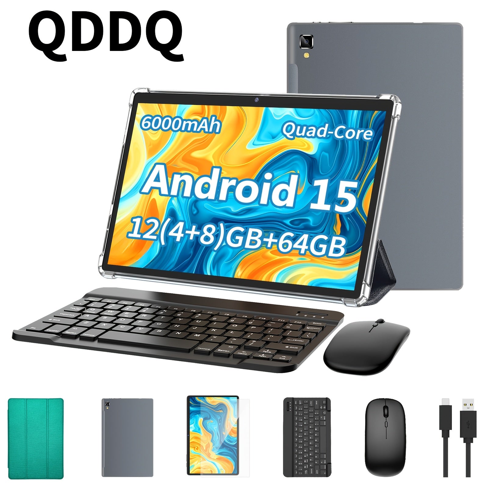 Tableta QDDQ Android 15, 12 (4GB+8GB) RAM, 64GB ROM, Pantalla LED de 10.1 pulgadas, 6000mAh, WiFi, Tablet PC, Dos versiones opcionales: [Tableta con teclado, ratón sin varillas, funda, lápiz óptico (no electrónico)] / [Solo tableta], USB-C (sin adaptador)