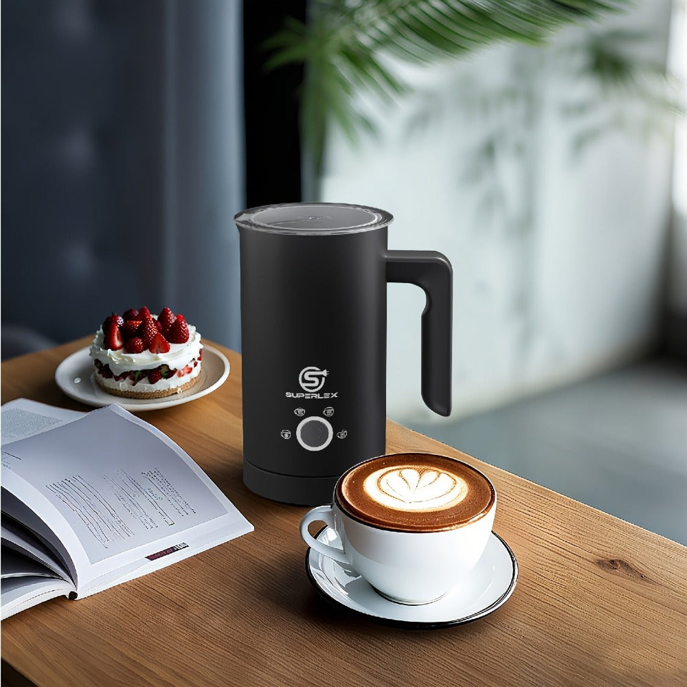 SUPERLEX Espumador de Leche Automático de 500 W con Función de Calentamiento - Espumador de Leche Eléctrico para Capuchino y Latte, Capacidad de 300 ml, Cámara Interior de Acero Inoxidable, Compacto