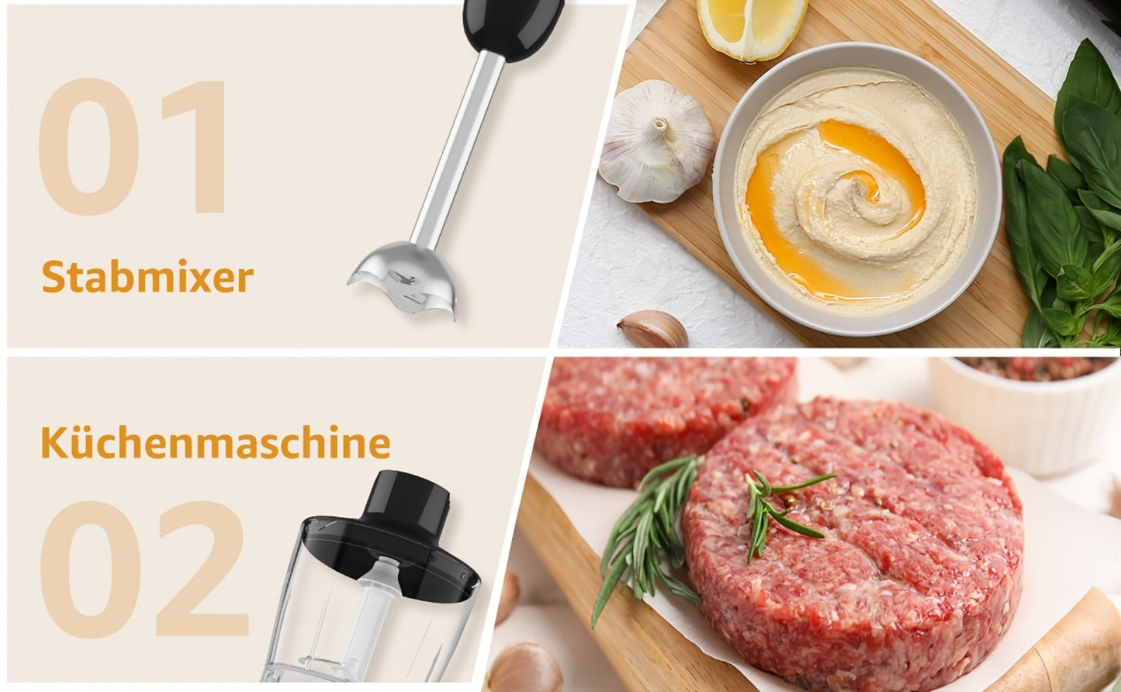 Batidora de mano de inmersión 6 en 1 - Varilla batidora de acero inoxidable con 5 velocidades, picadora, batidor y espumador de leche para carne, puré de patatas y comida de bebé