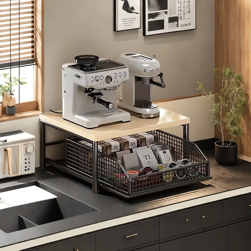 Estante de almacenamiento para cápsulas de café con cajones - Apto para cafeteras, estante deslizante para olla arrocera eléctrica, estante deslizante para microondas, almacenamiento metálico tipo cajón para microondas, almacenamiento y organización de co