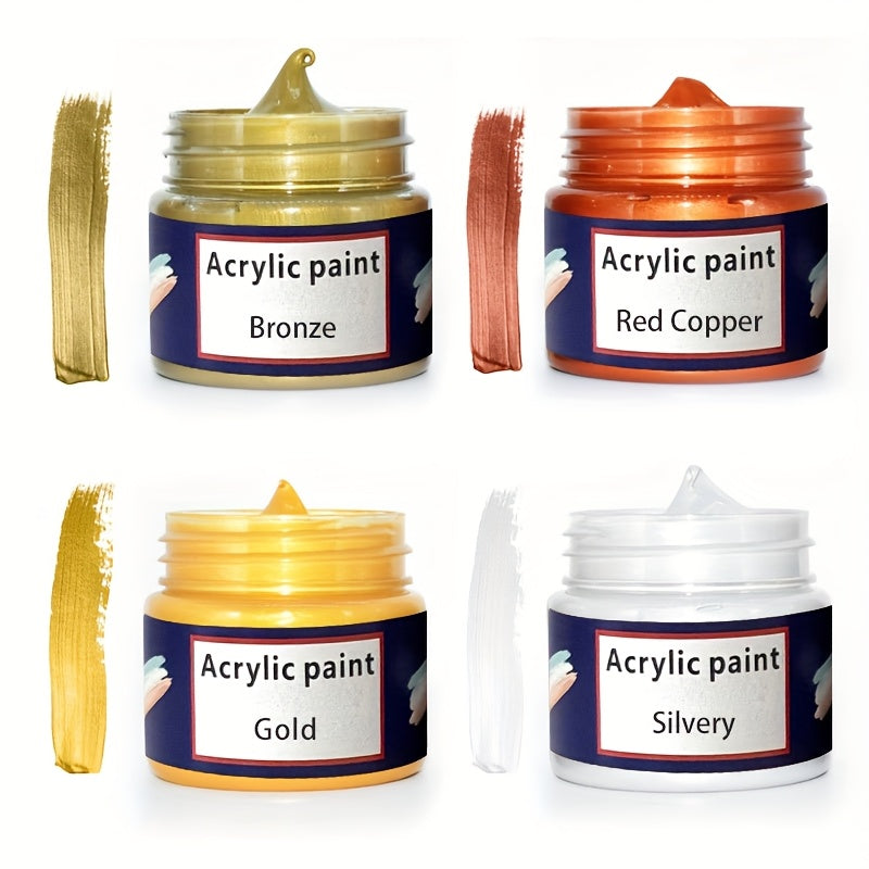 4 Piezas de Pintura Acrílica Metálica Dorada, Juego de 4 Colores de 100ml, 3.38oz/100ml en Botella, Colores Brillantes, Ideal para Artistas en Piedras, Madera, Cerámica, Regalos para Principiantes en Fiestas