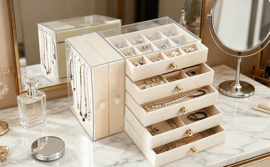 Caja de almacenamiento de joyas de gran capacidad con cajones y puerta lateral transparente, organizador multicapa para aretes, collares, anillos y pulseras, elegante solución de almacenamiento para tocador, joyeros