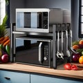 Estante de Cocina de 2 Niveles (Negro), Soporte de Encimera para Microondas, Estante de Cocina para Horno, Almacenamiento de Cocina, Extensible de 40 - 65 Cm, con 6 Ganchos, Crea un Espacio de Cocina Ordenado, Estante de Pie, Estante de Pie