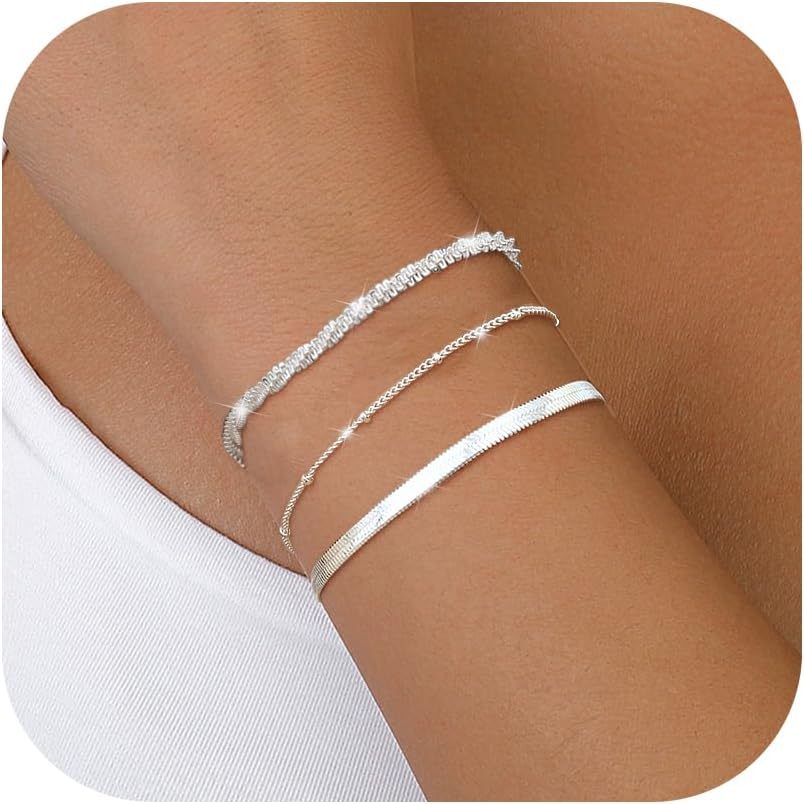 3 Piezas de Pulseras para Mujer en Plata 925, Brazaletes Elegantes y Ajustables con Cadena Delicada Estilo Capa, Ideales como Combinación o Apiladas