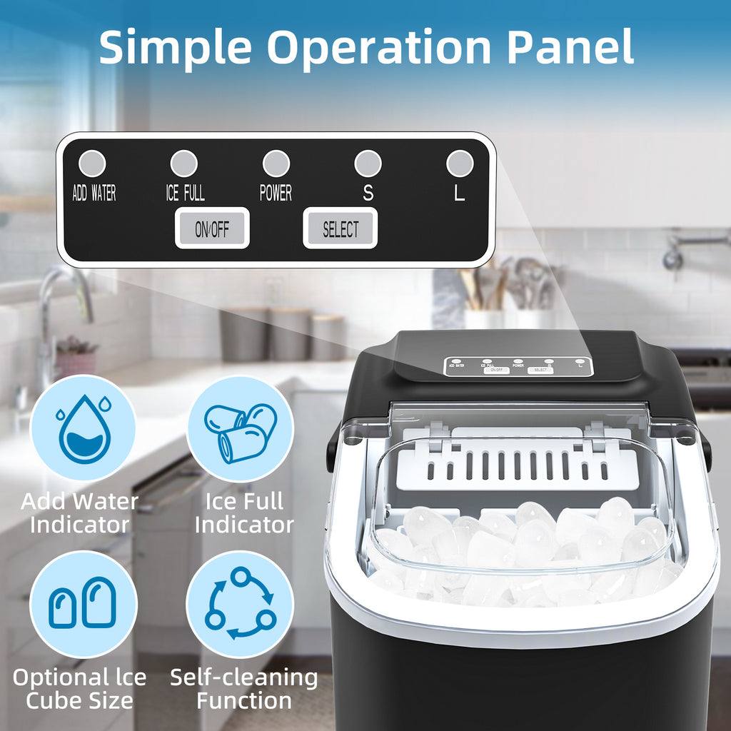 Máquina de cubitos de hielo LEENON, productora de cubitos de hielo de 12 kg, 8 cubitos listos en 6 minutos, máquina de cubitos de hielo negra con asa portátil, 12 kg/24 H, máquinas de cubitos de hielo autolimpiables