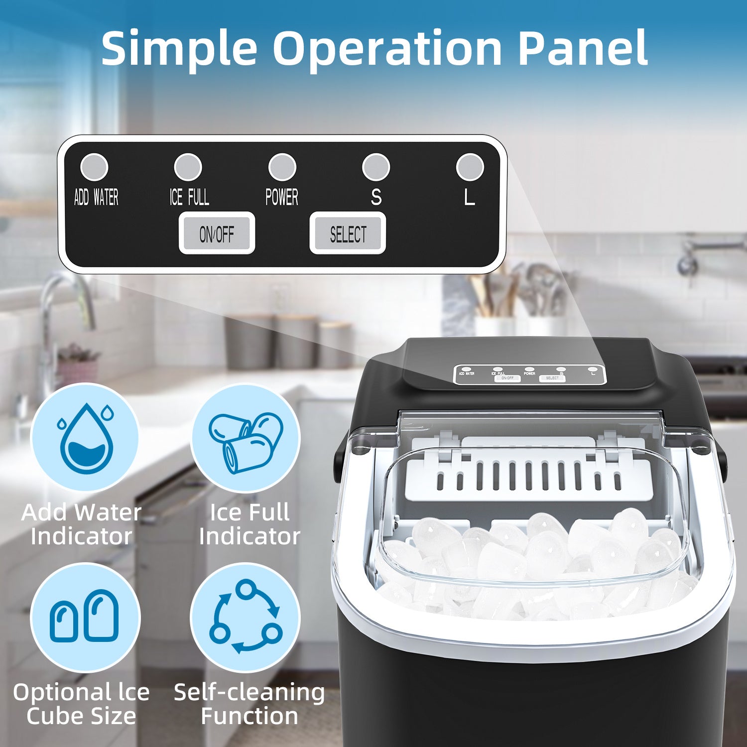 Máquina de cubitos de hielo LEENON, productora de cubitos de hielo de 12 kg, 8 cubitos listos en 6 minutos, máquina de cubitos de hielo negra con asa portátil, 12 kg/24 H, máquinas de cubitos de hielo autolimpiables