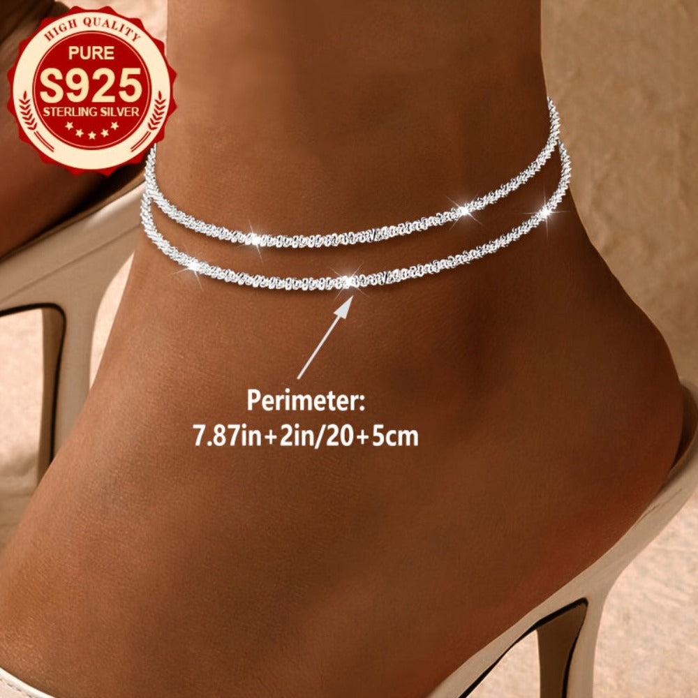 Tobillera de doble capa con flor para mujer, 925 de plata, brillante y elegante, diseño simple, ideal para el día a día, vacaciones, fiestas y como regalo, apta para todas las mujeres, hipoalergénica.