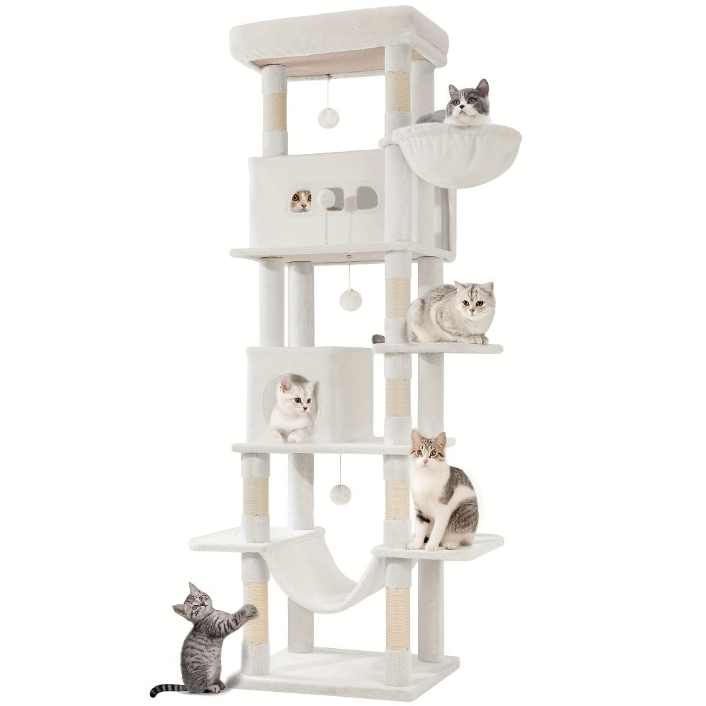 Rascador grande, árbol para gatos de 210 cm, con 8 postes rascadores, posadero, 2 cuevas, tapete lavable, hamaca, pelotas de felpa, rascador de varios pisos para gatos grandes, gris claro, gris oscuro