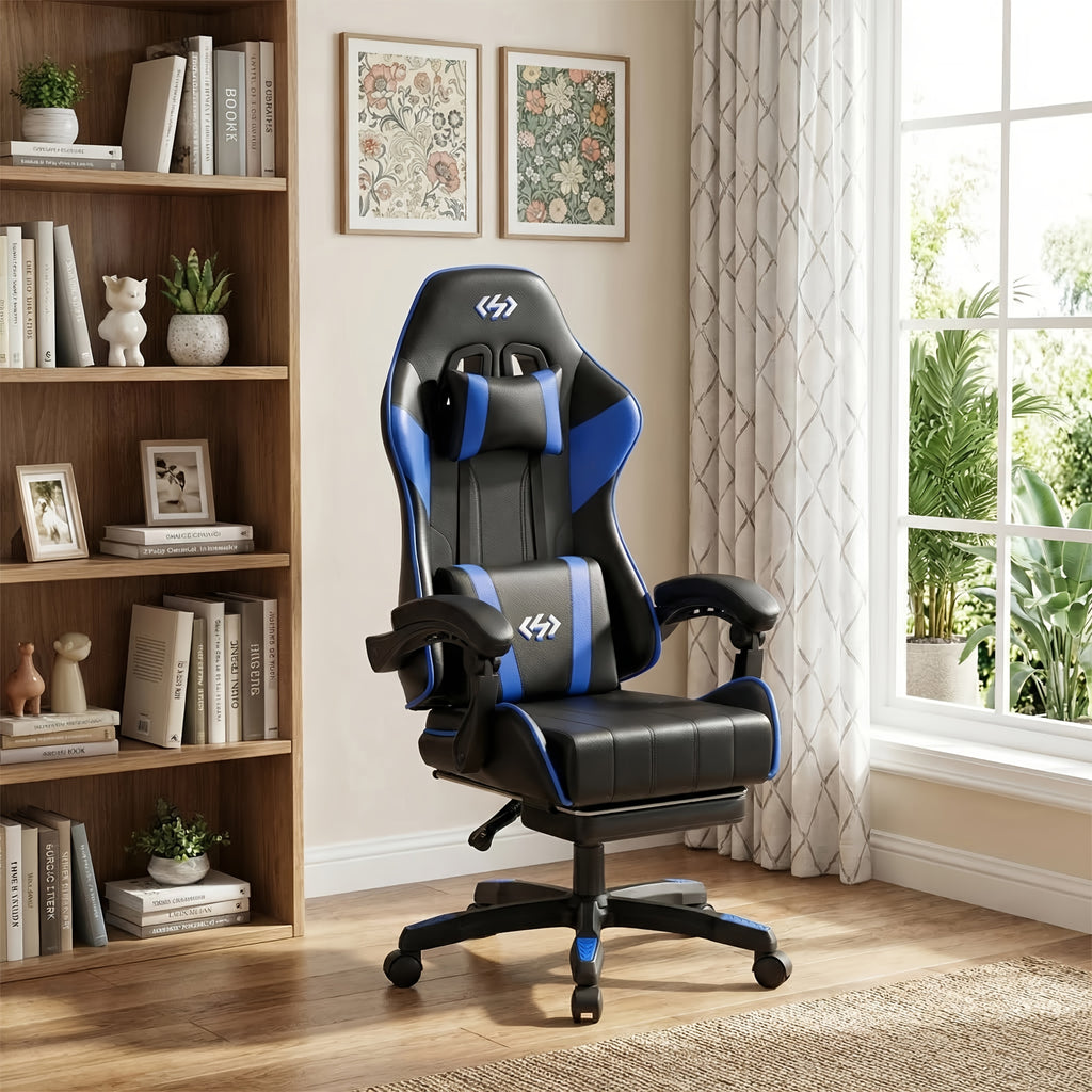 Silla de gaming ergonómica con acolchado de resorte ultrasuave, silla de oficina con reposacabezas y soporte lumbar, ángulo de inclinación y reposapiés ajustables, hecha de piel sintética duradera, regalos para novio