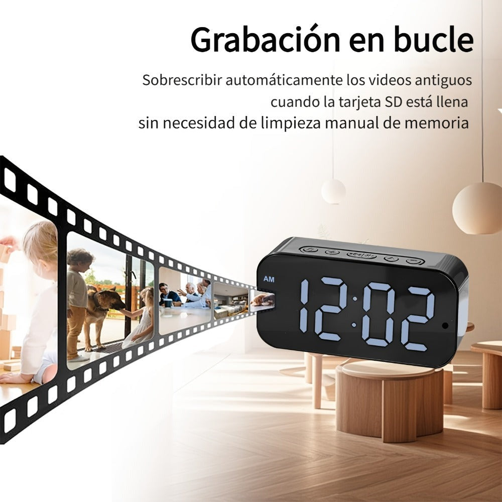 Cámara despertador Wifi 1080P con detección de movimiento, visualización remota y grabación en bucle, incluye tarjeta SD de 16GB, alertas ricas, cámara de vigilancia HD para el hogar, cámara de monitoreo segura adecuada para tu hogar, oficina o mascota