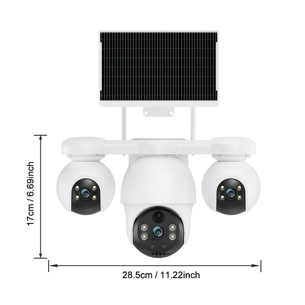 Cámara Solar Exterior V380MAX de Tres Lentes y Tres Ángulos, Cámara de Seguridad Inteligente Solar, Conexión WiFi Inalámbrica, Adecuada para Hogar, Tienda y Exteriores, Visión Nocturna en Color Ultra HD, Detección de Movimiento, Voz Bidireccional, Rotació
